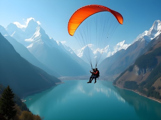 Paragliding over Phewa Lake in Pokhara with Annapurna mountains in background