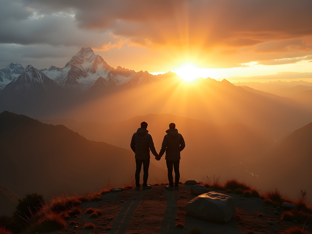 Couple watching sunrise from Poon Hill with golden light on Annapurna mountain range