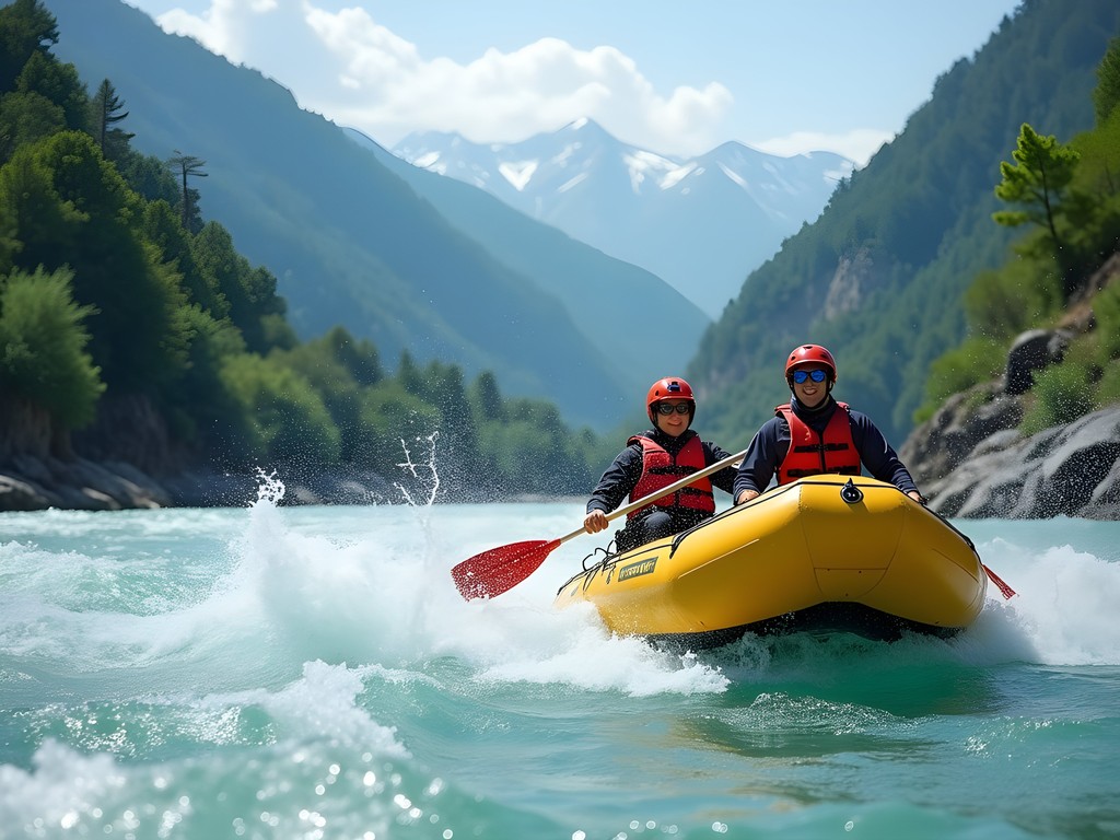 Couple white water rafting on Trishuli River with green mountains in background