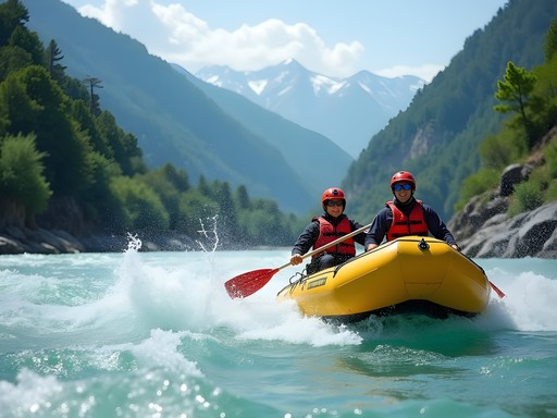 Couple white water rafting on Trishuli River with green mountains in background
