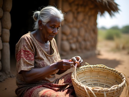 Local Botswanan woman teaching traditional basket weaving techniques