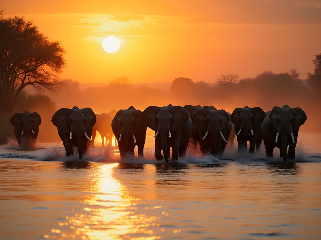 Massive herd of elephants crossing the Chobe River at sunset