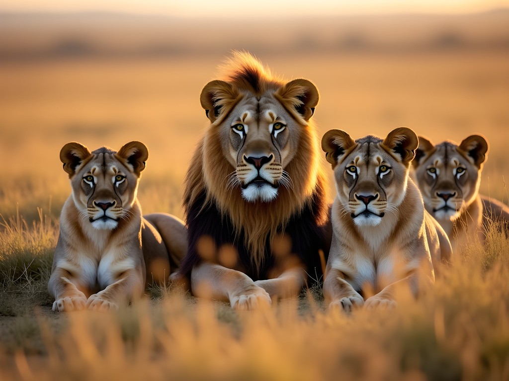 Pride of lions resting in golden grass during safari in Chobe National Park
