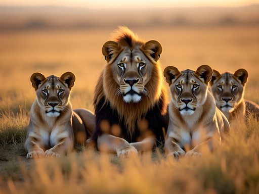 Pride of lions resting in golden grass during safari in Chobe National Park