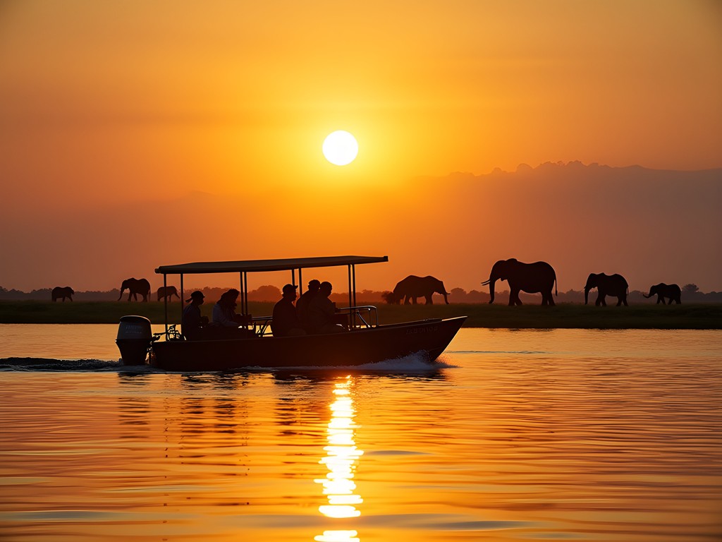 Sunset boat safari on Chobe River with hippos and elephants visible along shoreline