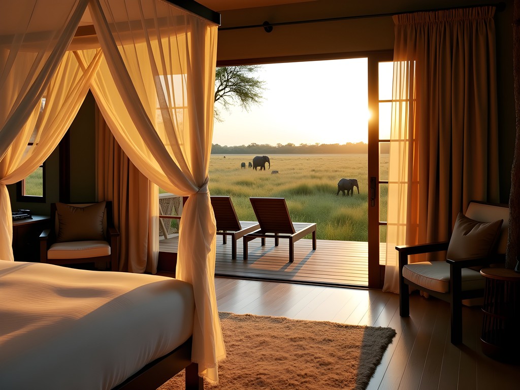 Luxury safari lodge suite with private deck overlooking Chobe River