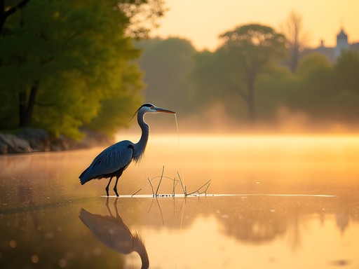 Great blue heron fishing at dawn in Meshanticut Park with spring foliage and urban skyline
