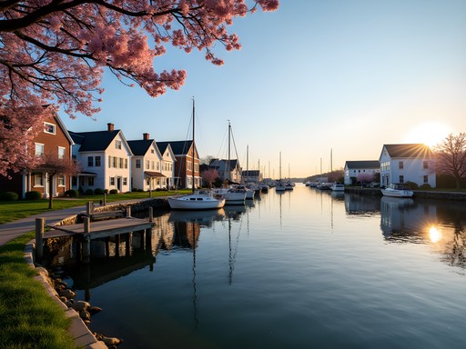 Early morning sunrise over historic Pawtuxet Village harbor in Cranston