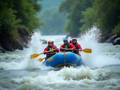 Extreme whitewater rafting on Davao River with raft navigating large rapids