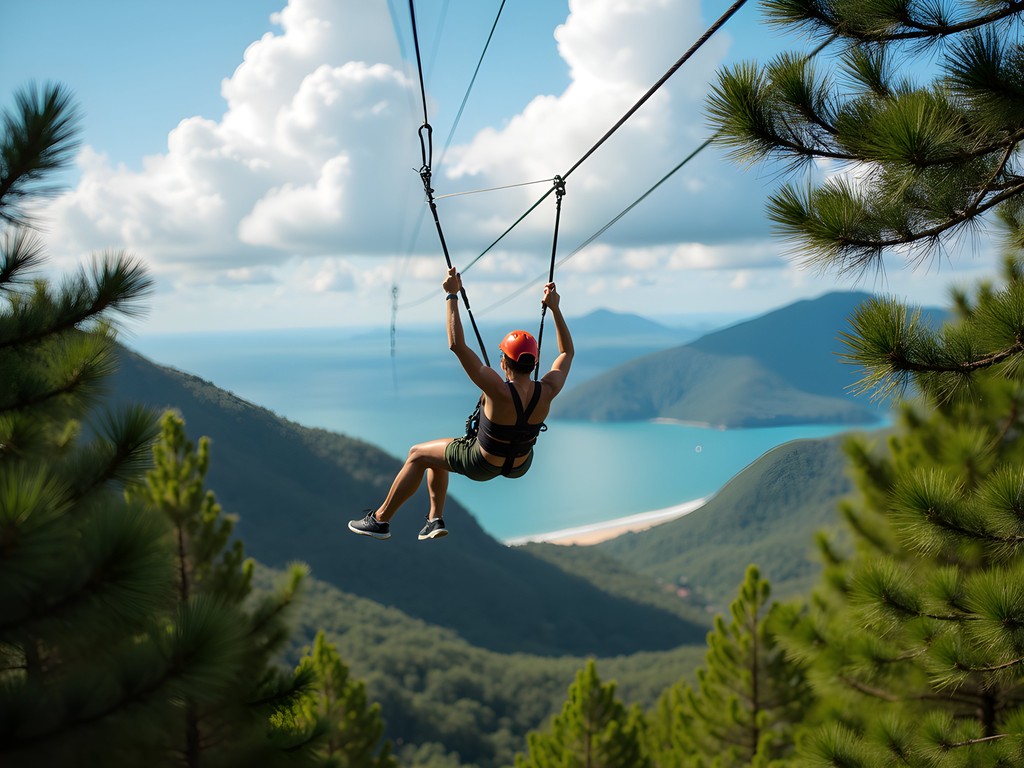 Person zip-lining in superman position across forest canopy at Eden Nature Park
