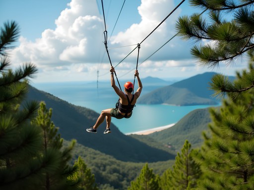 Person zip-lining in superman position across forest canopy at Eden Nature Park