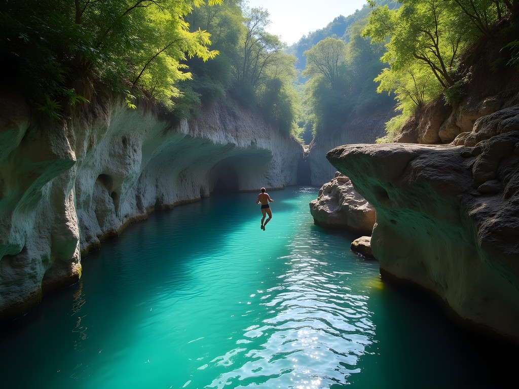 Cliff diver in mid-jump at Hagimit Falls on Samal Island