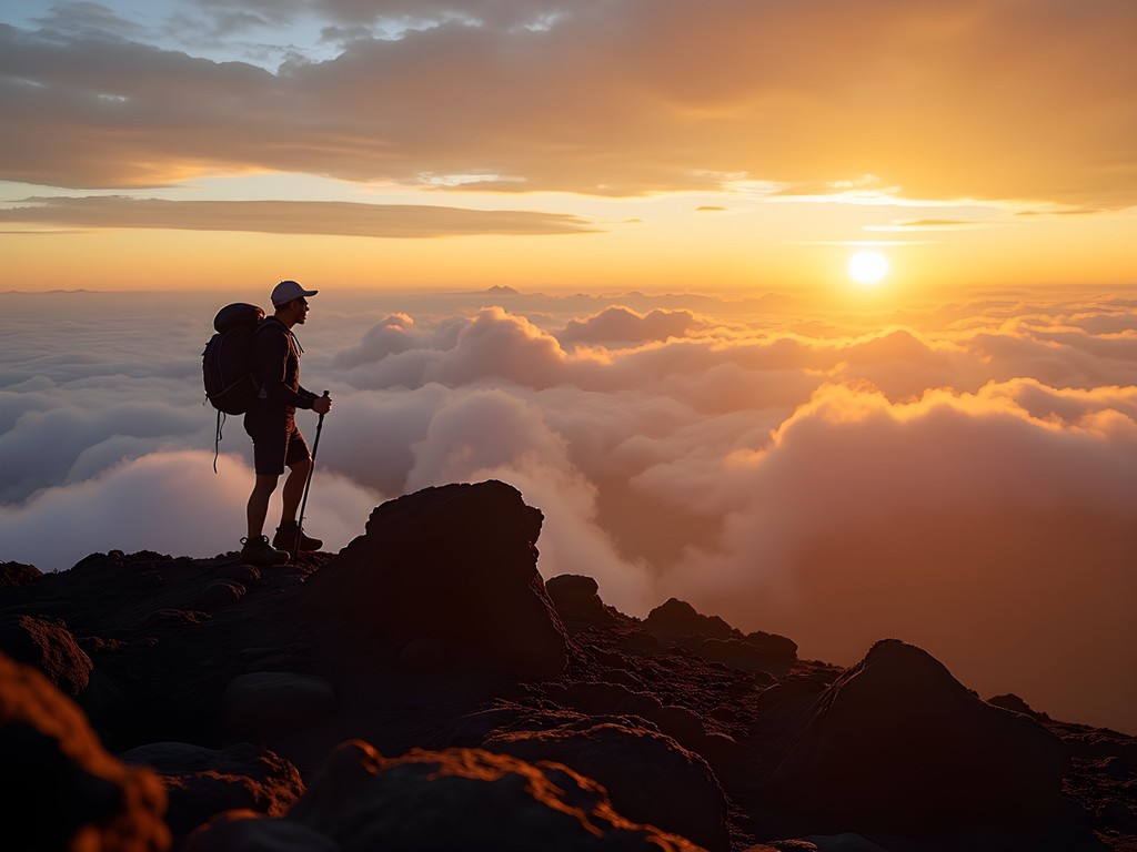 Hiker standing at Mt. Apo summit during sunrise with clouds below