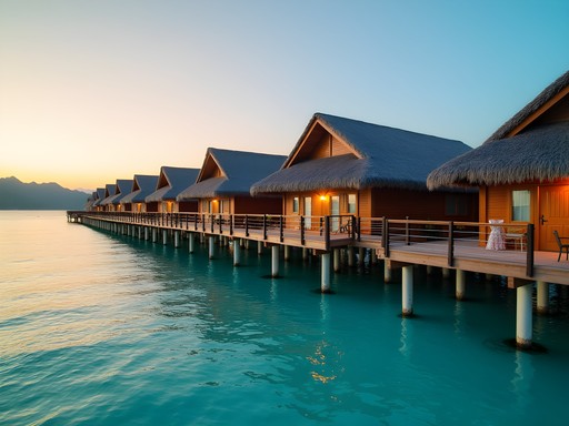 Overwater bungalows at Pearl Farm Beach Resort on Samal Island at sunset
