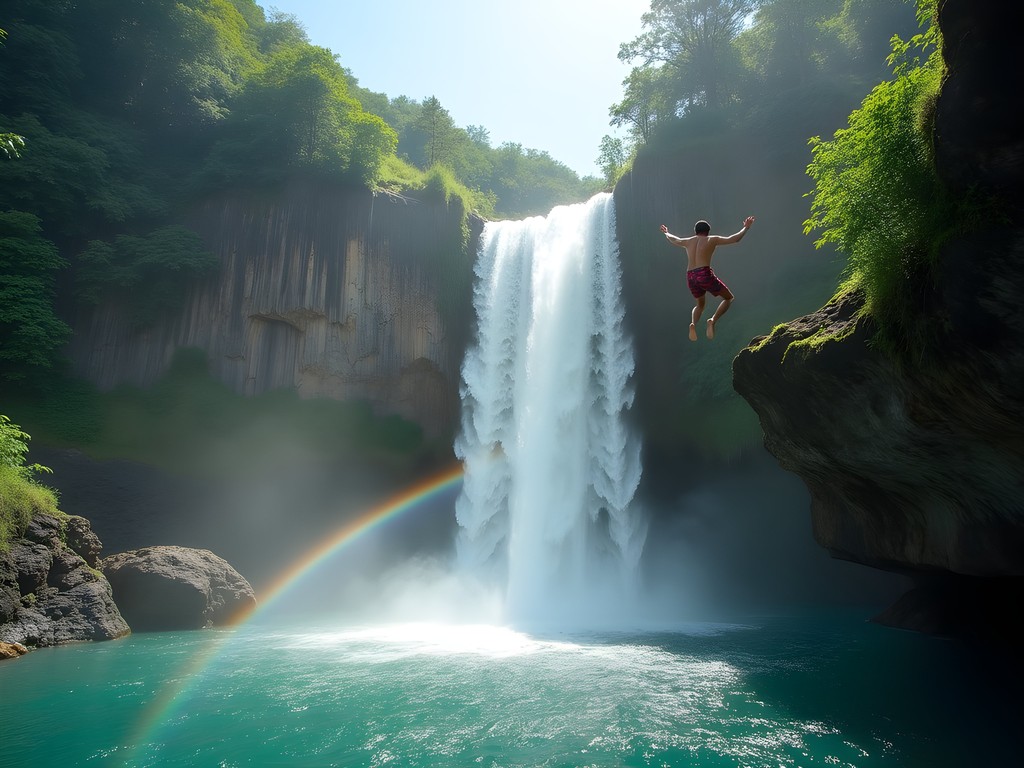 Mid-air cliff diving jump at Hagimit Falls on Samal Island