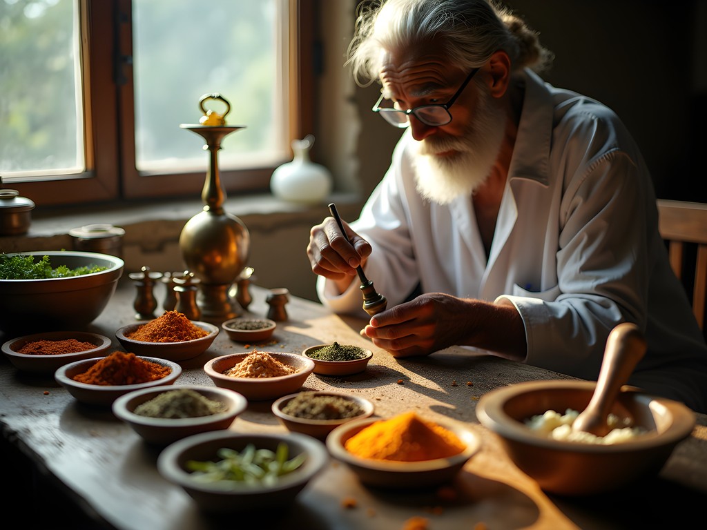 Traditional Ayurvedic herb preparation with precise measurements and tools