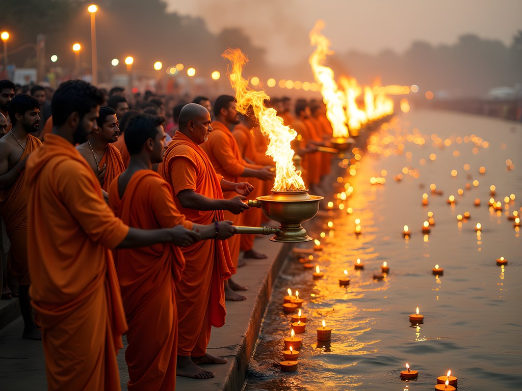 Evening Ganga Aarti ceremony at Har Ki Pauri in Haridwar with synchronized fire rituals