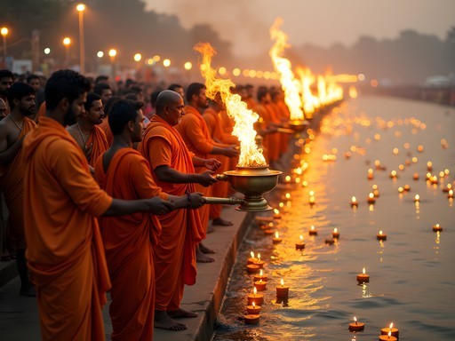 Evening Ganga Aarti ceremony at Har Ki Pauri in Haridwar with synchronized fire rituals