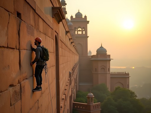 Adventure traveler rappelling down the sandstone walls of historic Keetham Fort near Agra