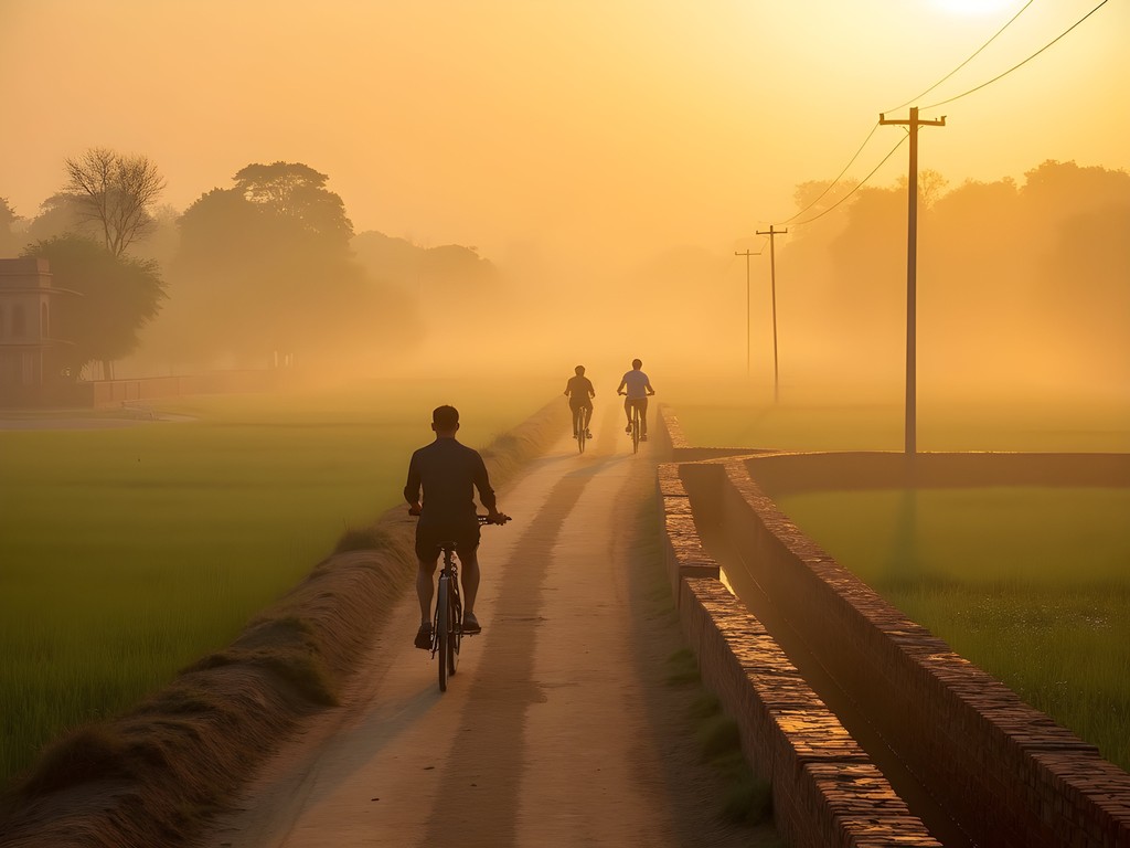 Cyclists on ancient Mughal pathway between Delhi and Agra passing rural villages