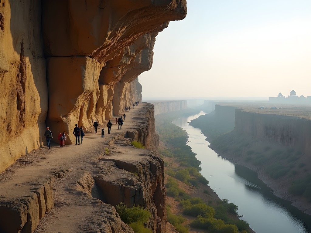Rock climbing on limestone cliffs at Yamuna River Gorge near Delhi