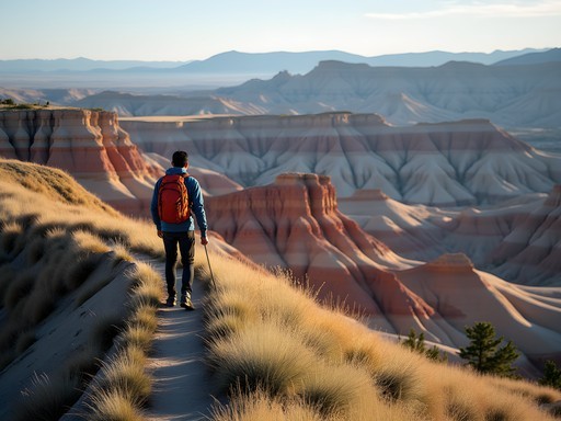 Hiker on the Maah Daah Hey Trail overlooking colorful badlands formations