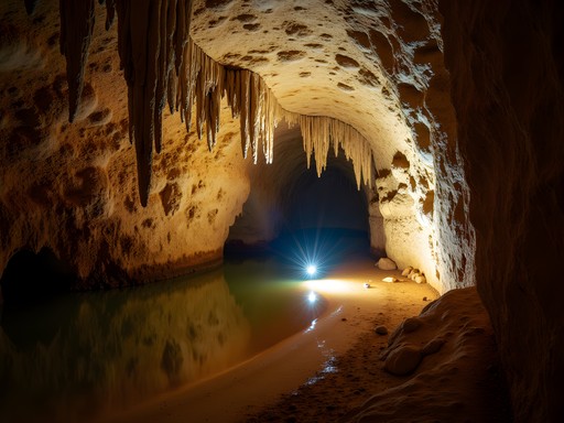 Illuminated limestone formations inside a hidden cave system on Djerba Island