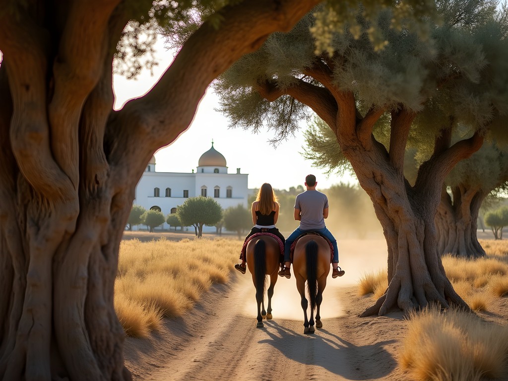 Horseback riding through ancient olive groves on Djerba Island with traditional architecture visible
