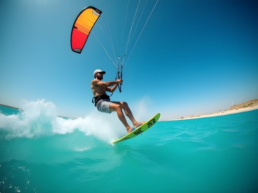 Man kitesurfing along the turquoise waters of Djerba's southeast coast with colorful kite against blue sky