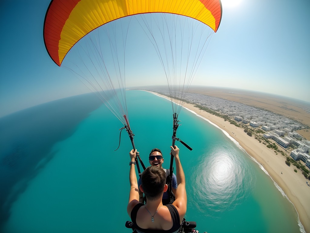 Paragliding over Djerba's northeastern coastline with views of turquoise Mediterranean waters