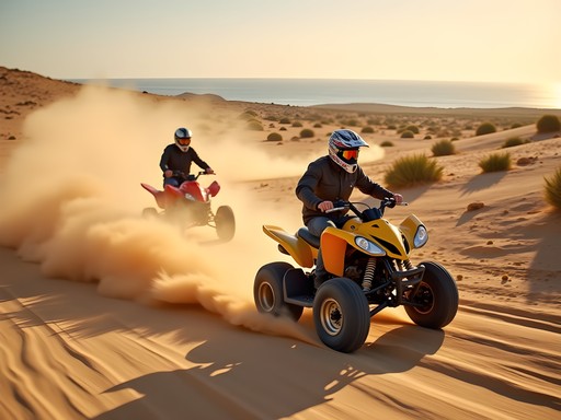 Group of quad bikes racing across desert terrain on Djerba Island with dust trails