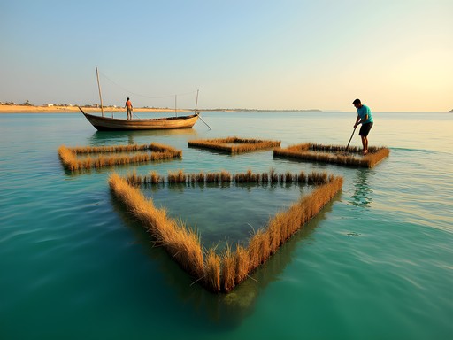 Traditional charfia fishing method using palm frond barriers in shallow waters off Djerba Island