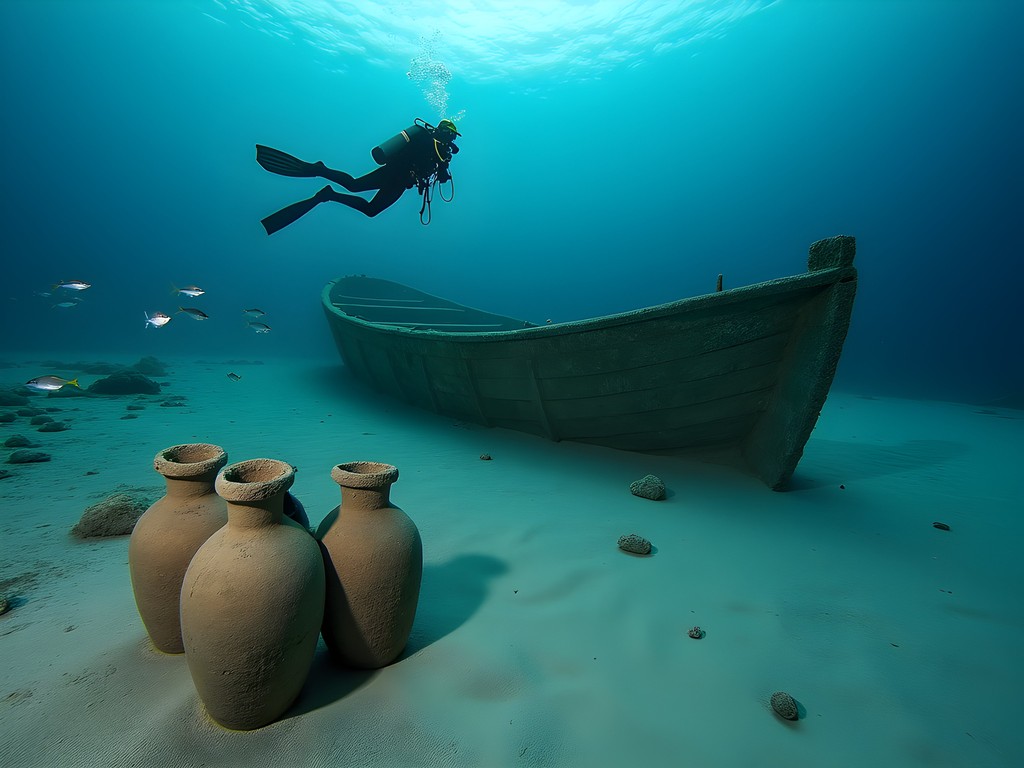 Scuba diver exploring ancient Roman shipwreck remains off the coast of Djerba Island