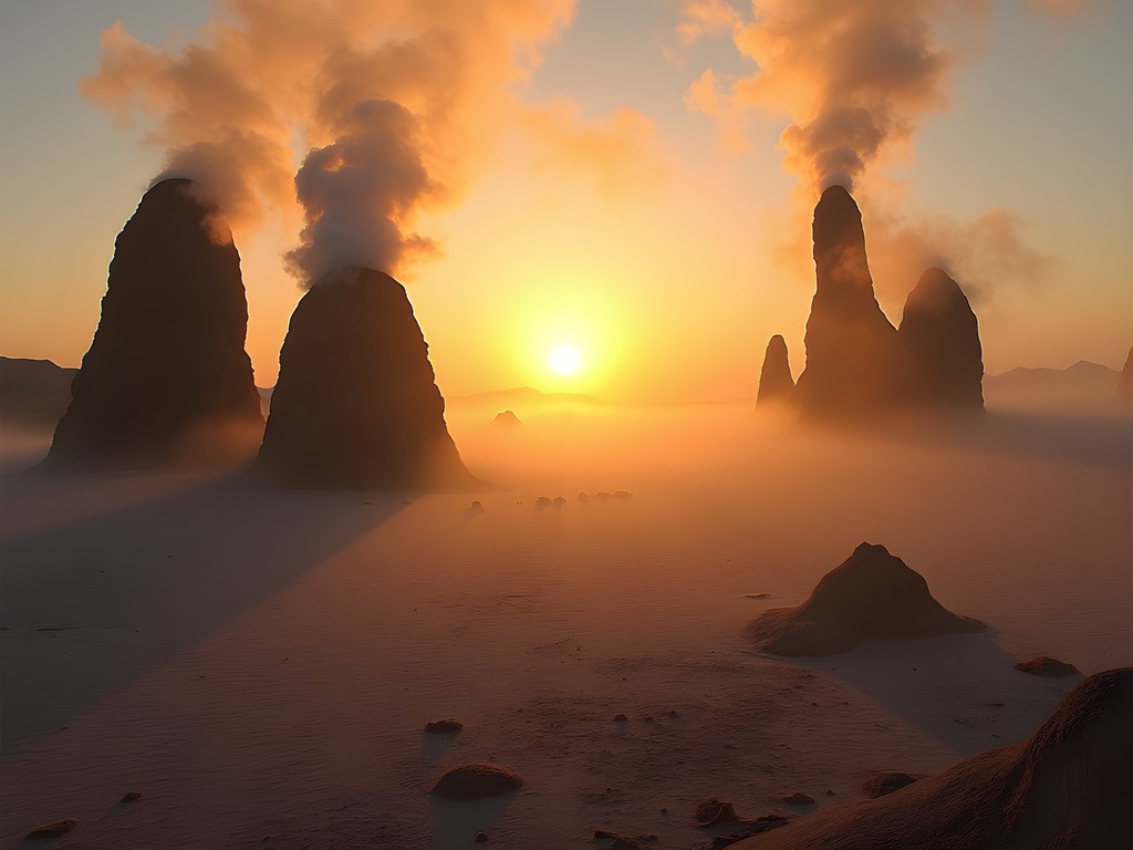 Limestone chimneys at Lac Abbé during sunrise with steam vents