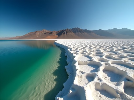 Dramatic white salt formations at Lake Assal with emerald green waters