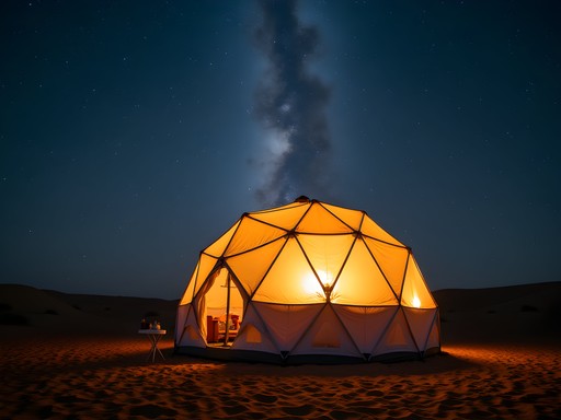 Luxury geodesic dome tent under starry night sky in Djibouti desert