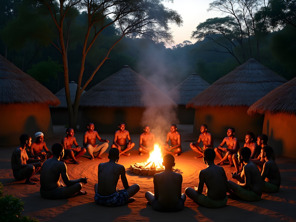Evening gathering in traditional Bakongo village in Mayombe region