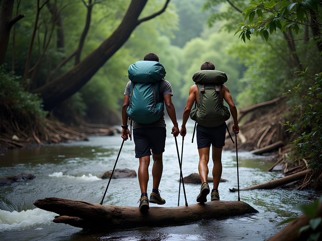 Challenging river crossing during Mayombe Forest trek in Congo