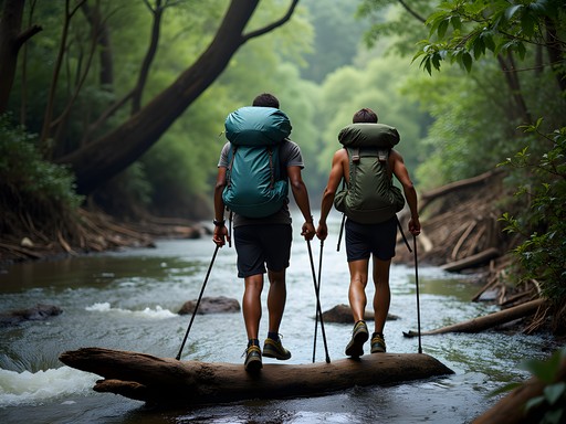 Challenging river crossing during Mayombe Forest trek in Congo