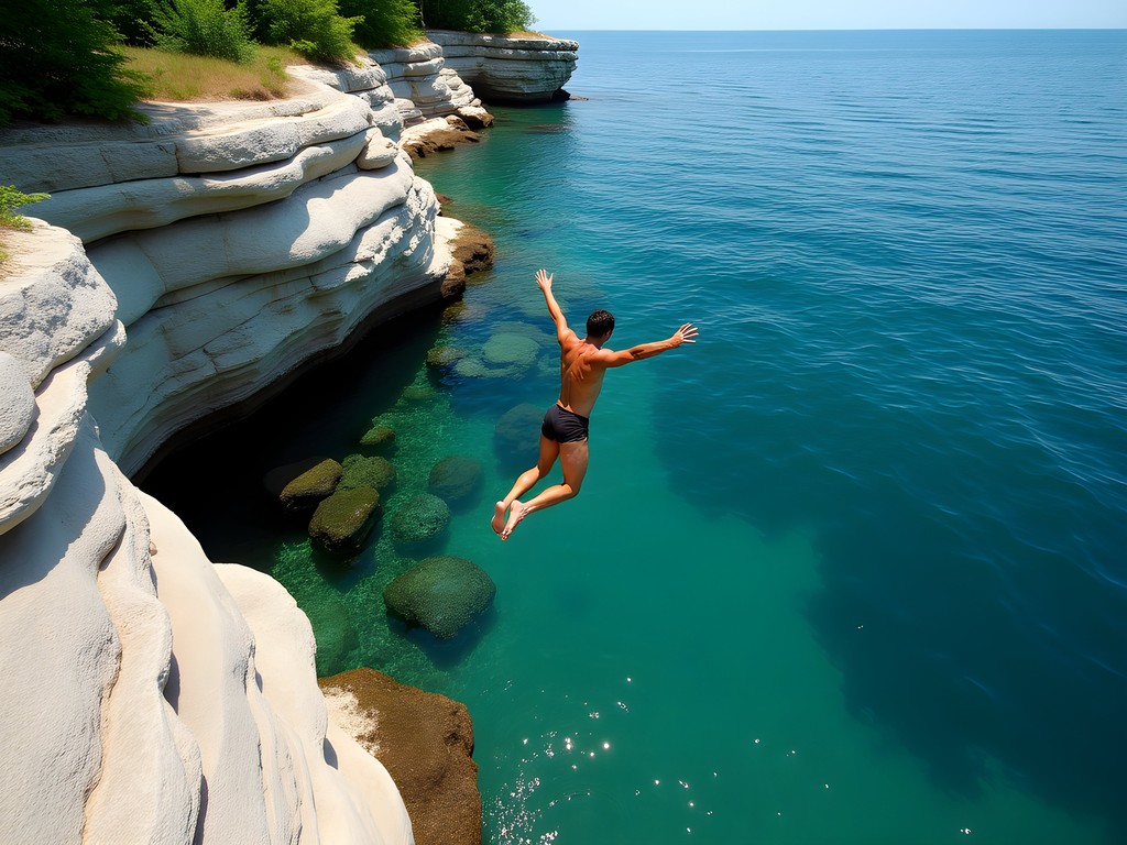Teenager cliff jumping into the clear turquoise waters at Cave Point County Park in Door County