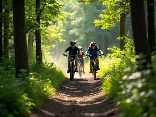 Family mountain biking on forest trails in Newport State Park, Door County