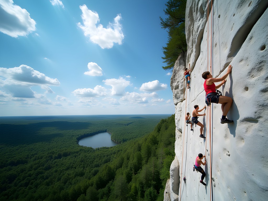 Family rock climbing on the limestone cliffs of Niagara Escarpment in Door County