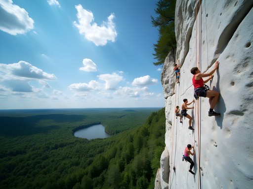 Family rock climbing on the limestone cliffs of Niagara Escarpment in Door County