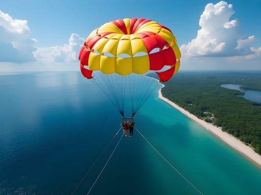 Family parasailing high above the blue waters of Sister Bay in Door County