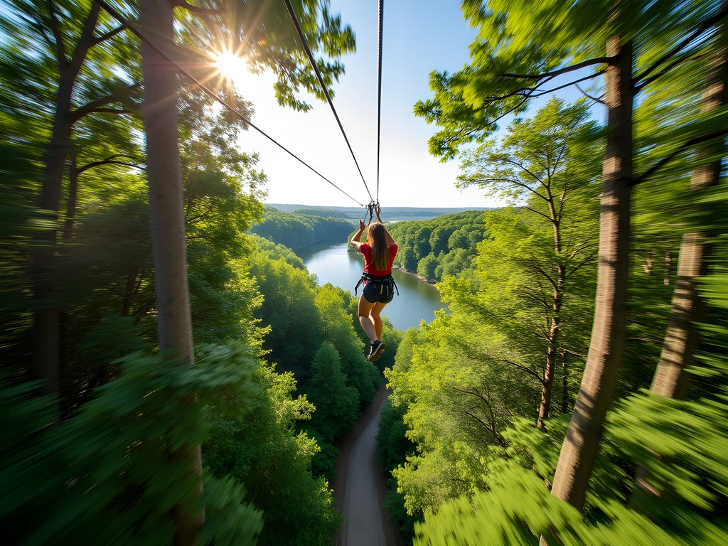 Family enjoying zip-line canopy tour through Peninsula State Park forest in Door County