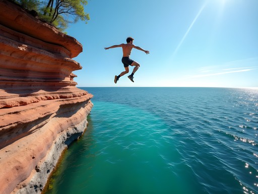 Person cliff jumping into Lake Superior from red rock cliffs