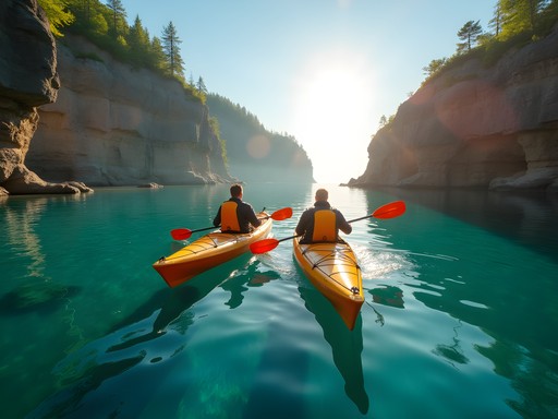Couple kayaking on calm Lake Superior waters near Duluth cliffs