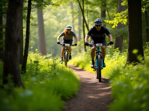 Mountain bikers on forested singletrack trail in Duluth
