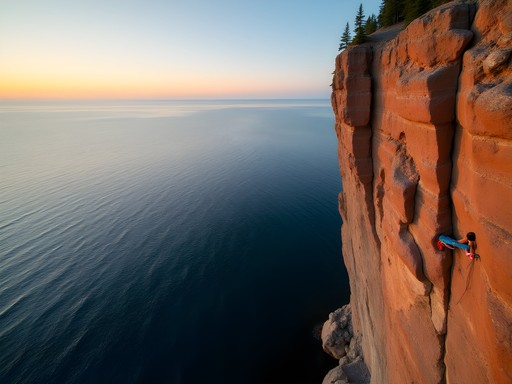 Rock climber on Palisade Head cliff face above Lake Superior