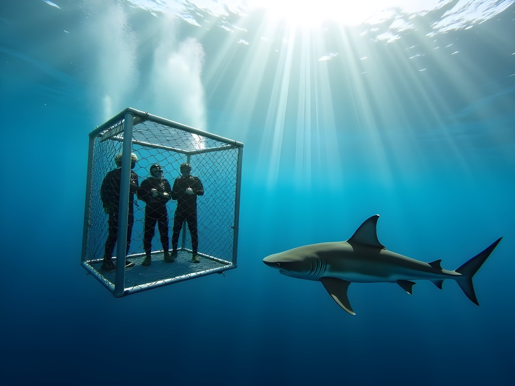 Woman in shark cage with tiger shark swimming nearby off Durban coast